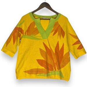 Soft Surroundings Floral Soft Knit Top Bird of Paradise V-Neck Sweater Yellow PM